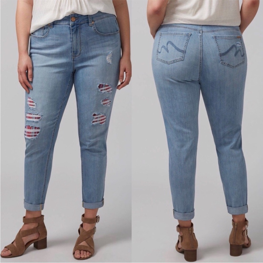 Melissa McCarthy Seven7 Girlfriend Jeans 24W Rainbow Stripe Patches